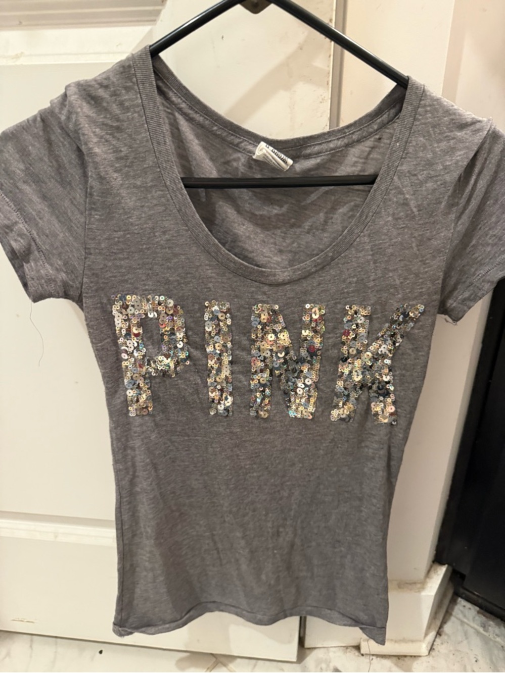 PINK Victoria's Secret Gray Tee with Iridescent Sequin Detail